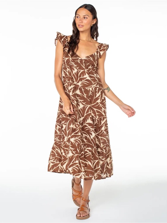 Roxy Dresses & Skirts - Roxy Brown Tropical Print Midi Dress with Cream Leaf Motif